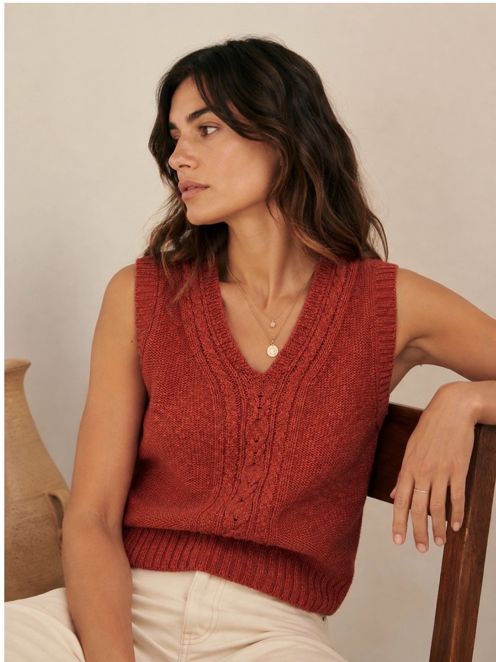 💎 HTF Irish Linen/cotton blend Cable-Knit V-Neck Sweater Vest